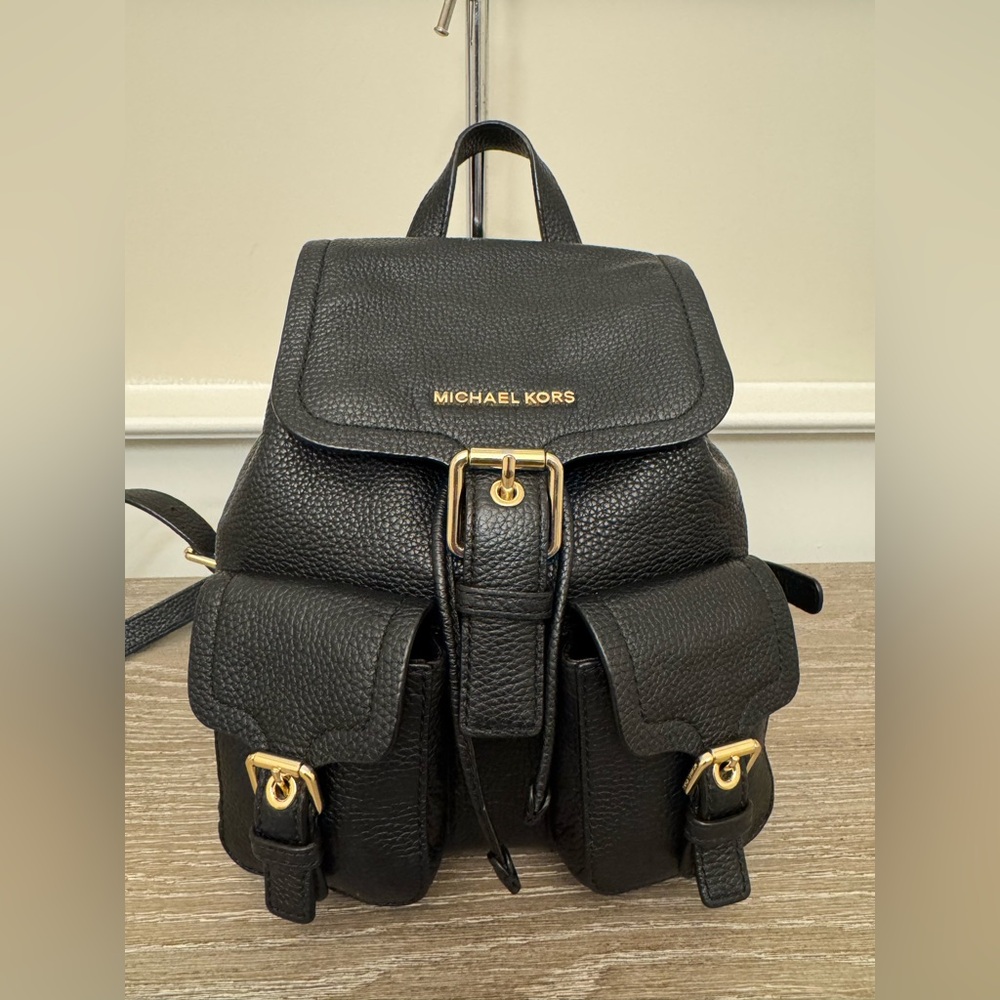 Michael Kors Black Leather Backpack with Gold Accents